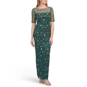 ADRIANNA PAPELL Green/gold Short Sleeve Beaded Gown